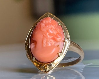 Coral Ring 1800s Antique Coral Cameo Ring Art Nouveau Era High Relief Face 3D Carved Cameo Muse Victorian Gold 10K Yellow Gold