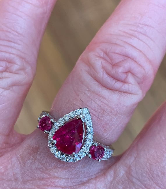 Ruby Ring 18K Engagement Ring Pear Ruby Diamond E… - image 8