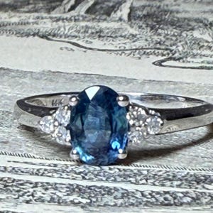 Sapphire Ring Engagement Ring 14K White Gold 1 Carat Genuine Sapphire Diamond Vintage Ring September Birthday Gift for Her December