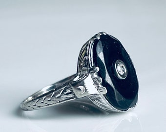 Art Deco Ring 18K Diamond Ring Onyx Filigree Ring Moon Celestial 1920s Ring Filigree Ring Engagement Ring Gift Orange Blossom Dark Academia