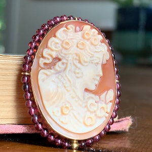 Cameo Italian 14K Cameo Pendant Gold Large Hand Carved Genuine Shell Brooch Garnet Accent Stone Victorian Cameo Jewelry Dark Academia