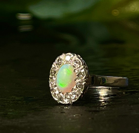 Opal Ring 14K Engagement Mine Cut Diamond Opal Ri… - image 1