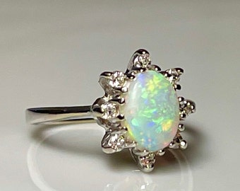 Opal Ring 14K Art Deco Diamond Opal Engagement Ring Opal Ring 14K White Gold Genuine Opal Ring October CottageCore Aesthetic Light Academia