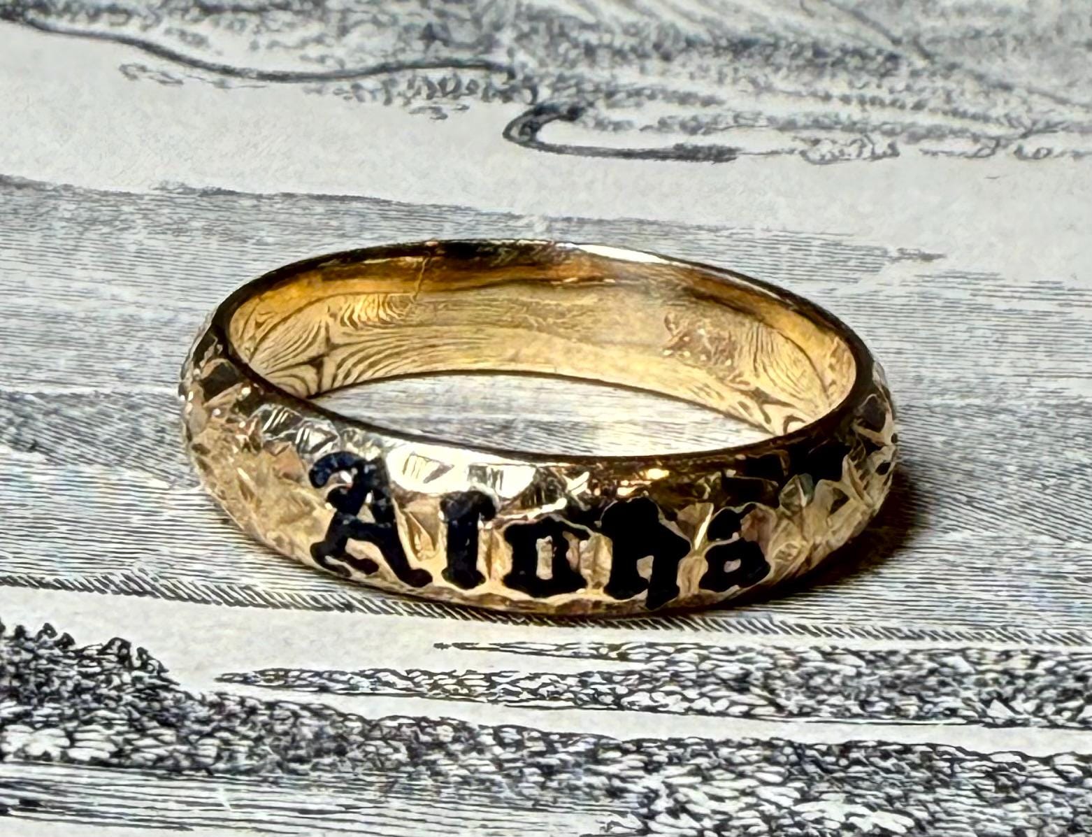 Aloha Ring 14K Victorian Ring Maile Flowers 14K Black Enamel Hawaii Antique Wedding Ring Dark Academia Aesthetic Coastal ALOHA Jewelry