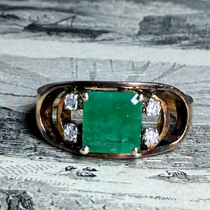Emerald Ring 14k Genuine Diamond Colombian Emerald Vintage Engagement Ring Diamond May Birthstone Unique May Birthday Gifts for Her