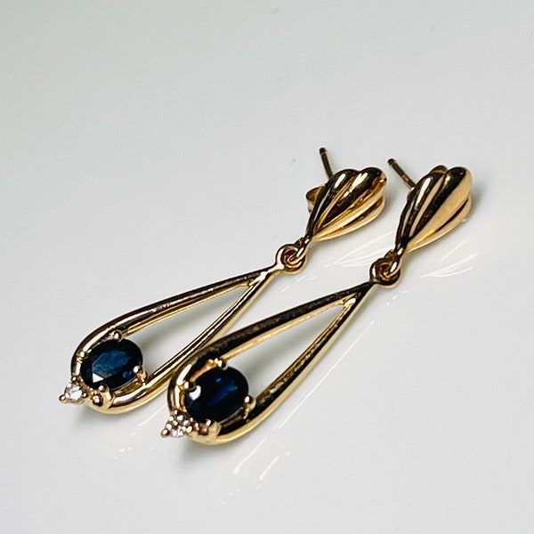 Sapphire Earrings 14K Yellow Gold Genuine Blue Diamond Earrings Mermaid Earrings 14K Pierced Ears Dangle Oval Cut Earrings Something Blue