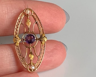 Amethyst Brooch Victorian Jewelry Brooch 10K Gold Amethyst Seed Pearl Scarf Pin Antique Jewelry Gift for Her Antique Jewelry gold