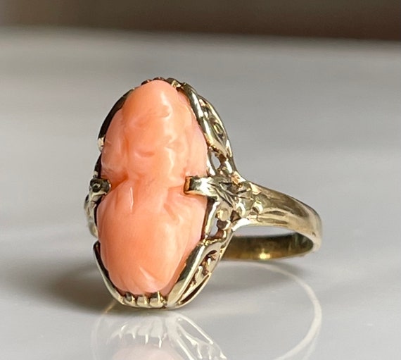 Cameo Ring Coral 10K Art Deco Antique Coral Cameo… - image 3