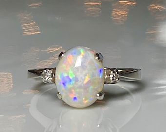 Opal Ring 14K Art Deco Diamond Three Stone Ring 1.65 Ct Opal Engagement Ring 14K White Gold Genuine Opal Jewelry October Birthday Gift