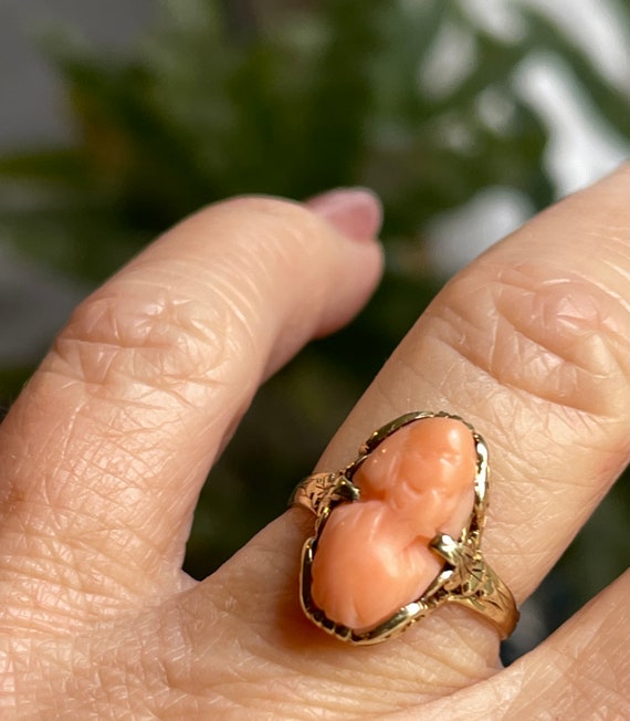 Cameo Ring Coral 10K Art Deco Antique Coral Cameo… - image 4