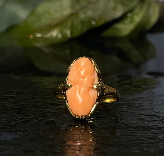 Cameo Ring Coral 10K Art Deco Antique Coral Cameo… - image 1