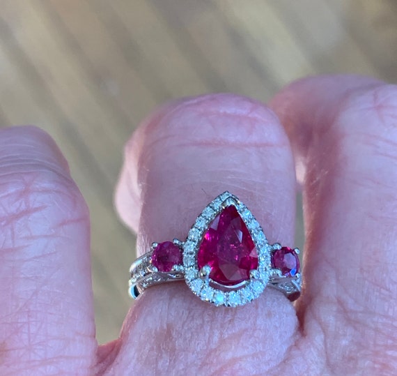 Ruby Ring 18K Engagement Ring Pear Ruby Diamond E… - image 10