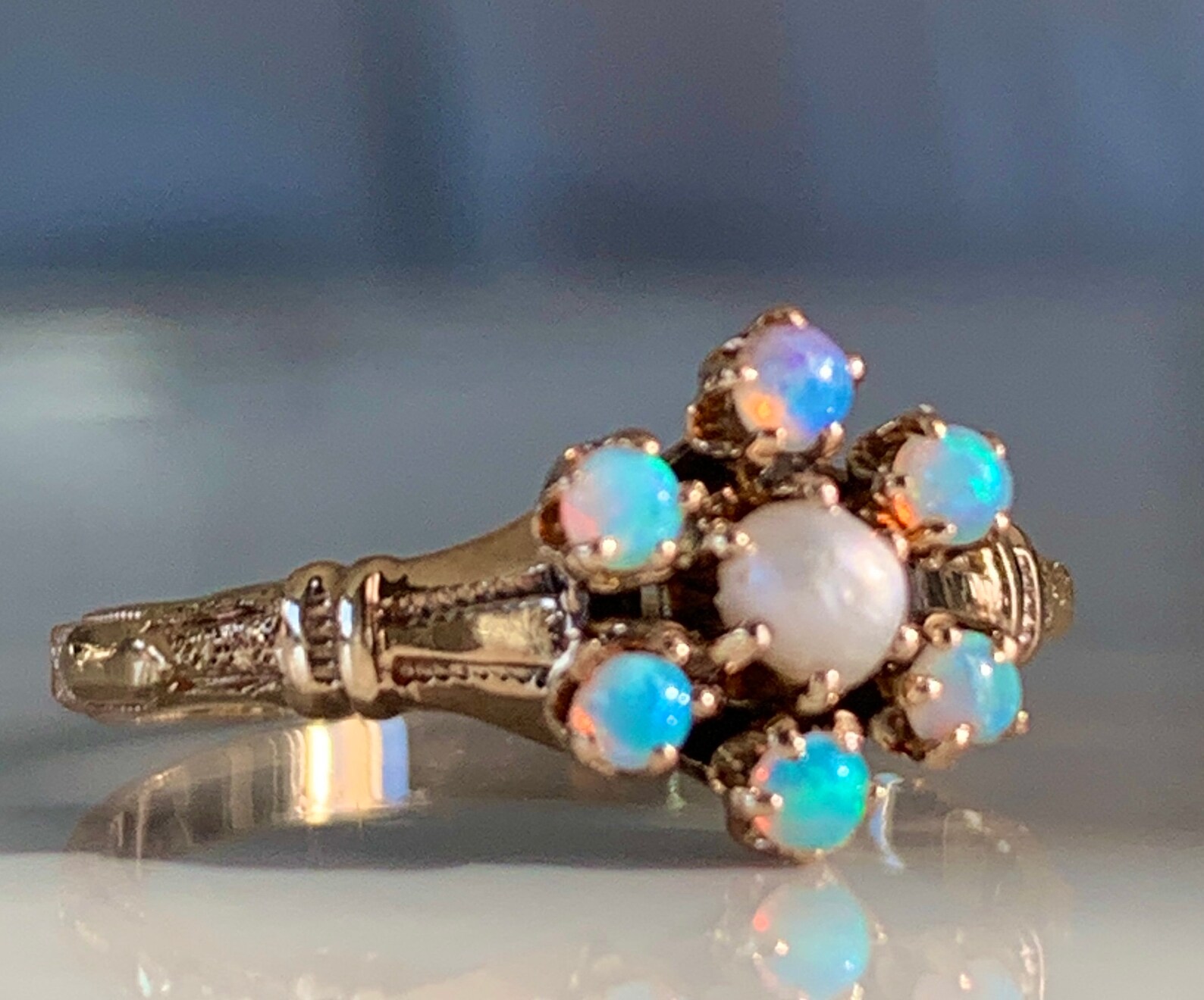 Opal Ring Natural Pearl 14k Antique Australian Opal Pearl Ring