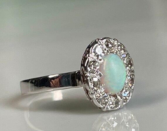 Opal Ring 14K Engagement Mine Cut Diamond Opal Ri… - image 6