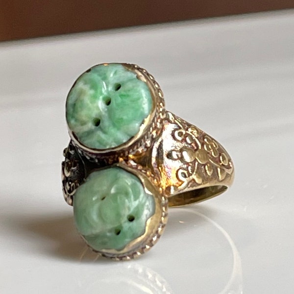 Jade Ring 18K Art Deco Jadeite Ring 18K Unique Carved Floral Green Jade Antique Ring Genuine Jade Vintage Jade Jewelry Dark Academia