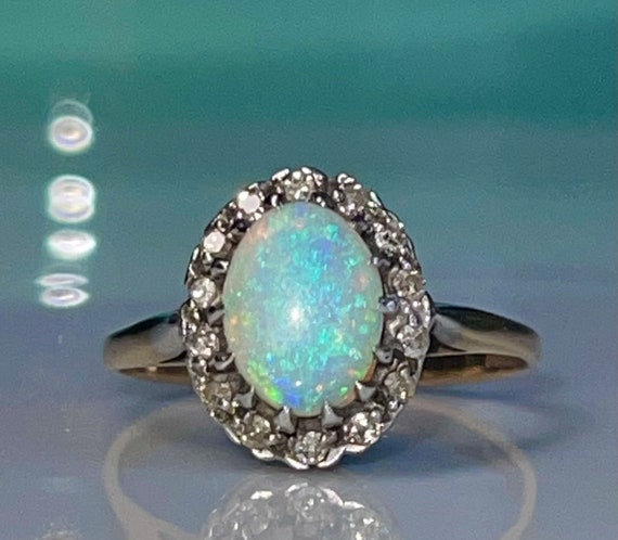 Opal Ring Diamond Opal Engagement Ring 9K Diamond Australian - Etsy