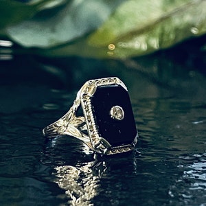 Onyx Diamant Ring 14K Art Deco Ring 14K Weißgold Filigranring 1920er Jahre Ring Edwardian Ring Unikat Verlobungsring Geschenk Altschliff
