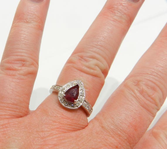 Ruby Ring 18K Pear Cut 1.15 Ct Ruby Diamond Halo … - image 5