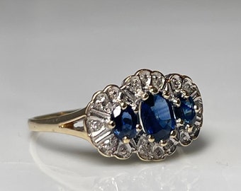 Sapphire Ring 14K Vintage Engagement Ring Diamond Three Stone Blue Sapphire Anniversary Ring Gift for Her Vintage Jewelry Estate Aesthetic