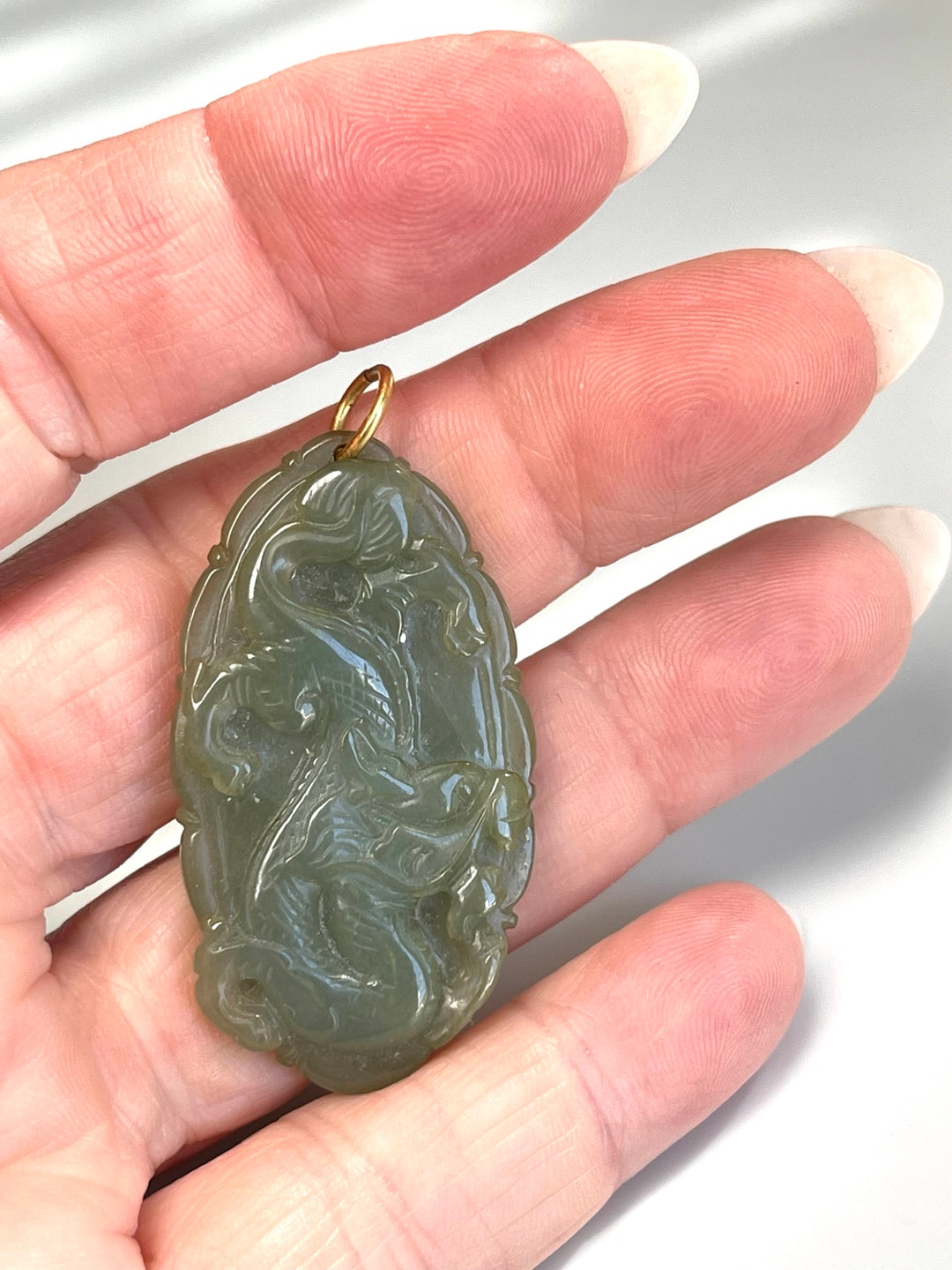 Jade Pendant Dragon 14K Antique Vintage Carved Green Jade Lucky Pendant