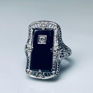 Art Deco Ring Onyx Ring 14K Diamant Ring Weißgold Filigranring 1920er Jahre Vintage Ringe Einzigartige Verlobungsring Geschenke für Frauen Altschliff Diamant