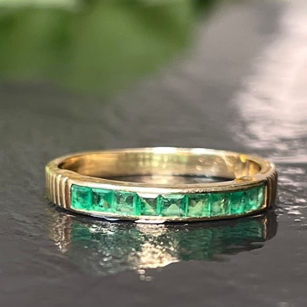 Emerald Ring 14K Emerald Wedding Band Yellow Gold Stacking Ring Colombian Emerald Ring Emerald Jewelry May Birthstone Gift for Her Booktok