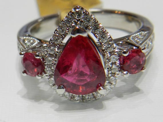 Ruby Ring 18K Engagement Ring Pear Ruby Diamond E… - image 6
