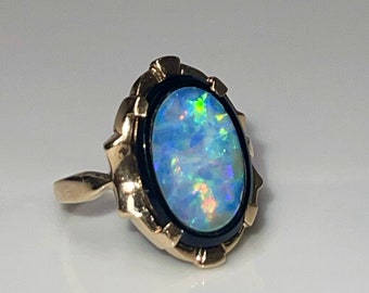 Opal Ring Art Deco Onyx Opal Engagement Ring Libra Gift for Her Dark Academia Mermaid Ring Black Opal Gold Rings 10k 1920s Jewelry