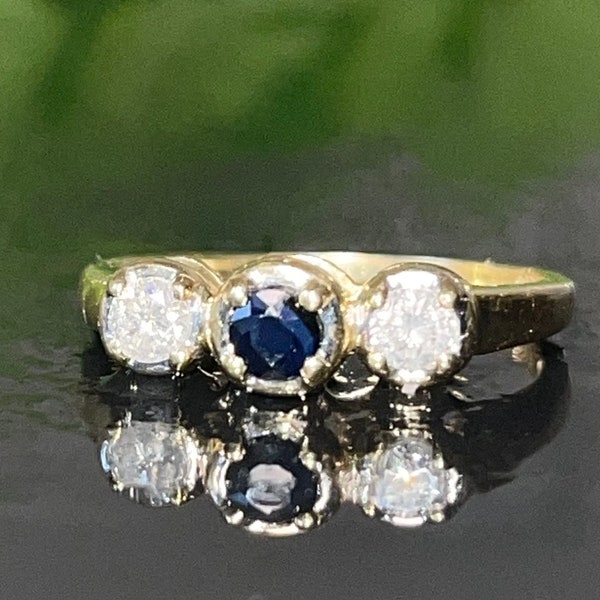 Sapphire Ring 14K Yellow Gold Diamond Blue Sapphire Engagement Ring 14K Sapphire Three Stone Ring September Birthday Gift for Her Wedding