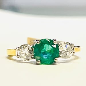 Emerald Ring 18K Yellow Gold Diamond Emerald Engagement Ring Vintage Emerald Diamond Ring Colombian Emerald Three Stone Ring Gift