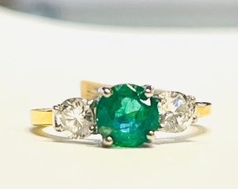 Emerald Ring 18K Yellow Gold Diamond Emerald Engagement Ring Vintage Emerald Diamond Ring Colombian Emerald Three Stone Ring Gift