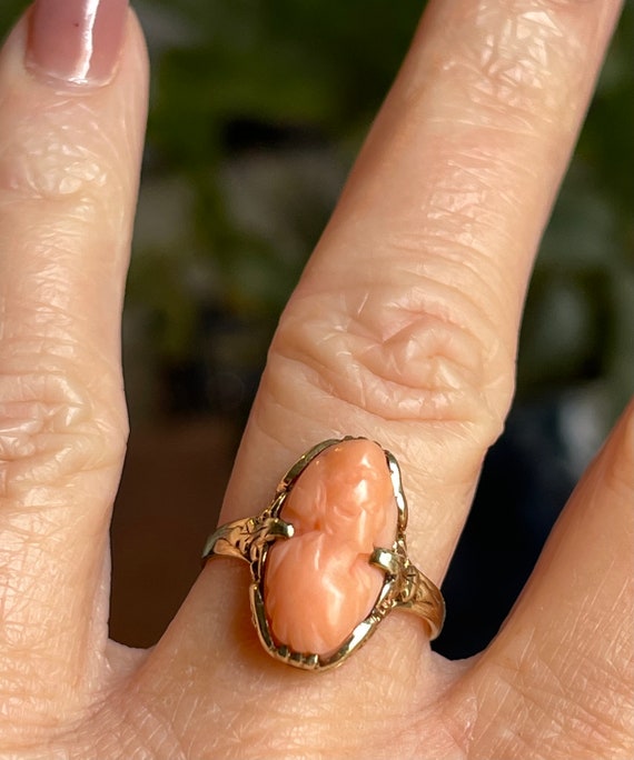 Cameo Ring Coral 10K Art Deco Antique Coral Cameo… - image 10