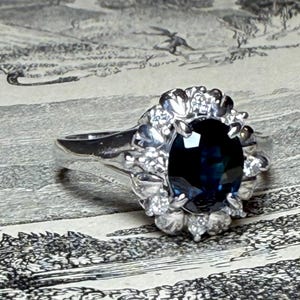 Sapphire Ring Platinum Engagement Ring Genuine Natural Blue Sapphire Diamond Ring 1.5 Carat Saphire Diamond Halo Gift for Her Birthday
