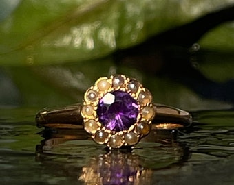 Amethyst Ring 14K Victorian Ring Seed Pearl Amethyst Ring 1800s Unique Engagement Ring Antique 14K Yellow Gold Ring February Birthday