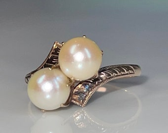 Pearl Ring 14K Antique Pearl Engagement Ring Art Deco Engagement Ring Toi Et Moi Bypass Ring June Birthday 14k Gold Two Pearl Ring