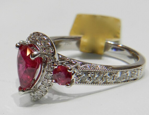 Ruby Ring 18K Engagement Ring Pear Ruby Diamond E… - image 5