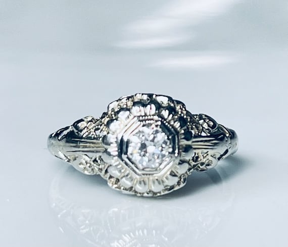 Art Deco Diamond Ring 14K Filigree Diamond Filigr… - image 5