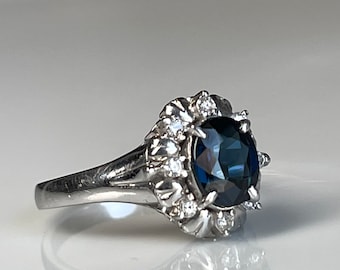 Sapphire Ring Platinum Engagement Ring Genuine Natural Blue Sapphire Diamond Ring 1.5 Carat Saphire Diamond Halo Gift for Her Birthday