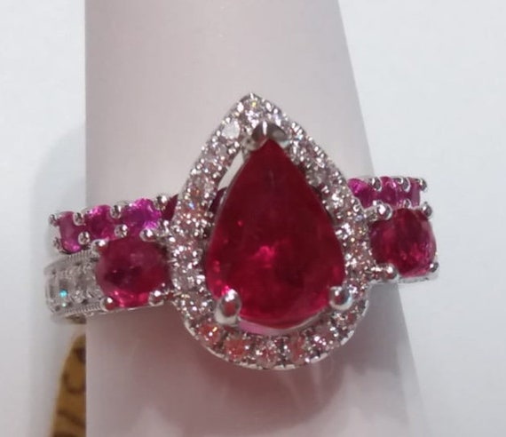 Ruby Ring 18K Engagement Ring Pear Ruby Diamond E… - image 7