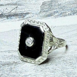 Onyx Ring Diamantring 14K Art Deco Ring 14K Weißgold Filigranring 1920er Jahre Ring Edwardian Ring Unikat Verlobungsring Geschenk Altschliff