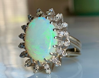 Opal Ring 14k Huge 11 Carat Australian Opal Engagement Ring 14K Diamond Halo Opal VintageCottage Core