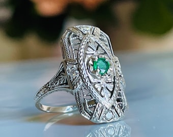 Emerald Ring 18K Art Deco Engagement Ring Natural Colombian Emerald Filigree Unique Engagement White Gold May Birthday Gift for Her Royal