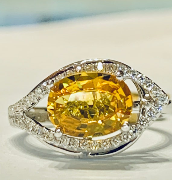 Yellow Sapphire Ring 18K Ct White Gold Ring Diamond Yellow