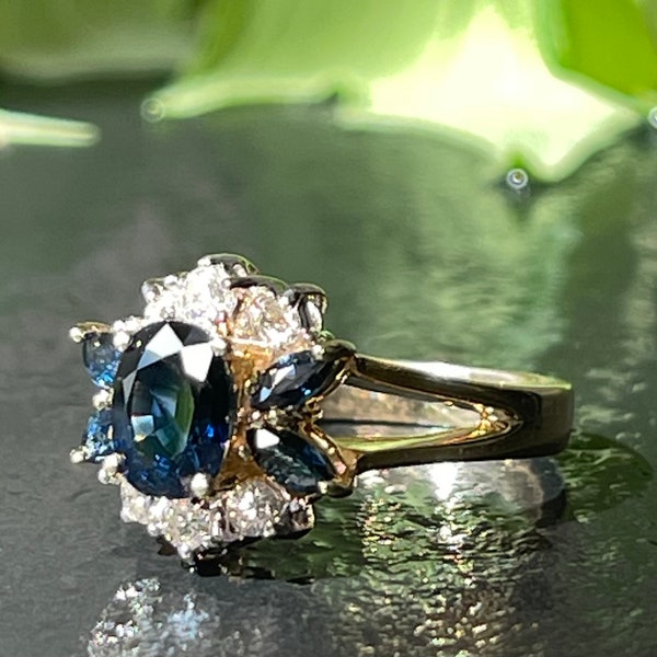 Sapphire Ring 14K Diamond Sapphire Engagement Ring Diamond 1.30 Carat Natural Blue Sapphire Ring Yellow Gold Birthday Gift for Her