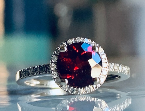 Garnet Ring 14K Garnet Diamond Garnet Ring White G