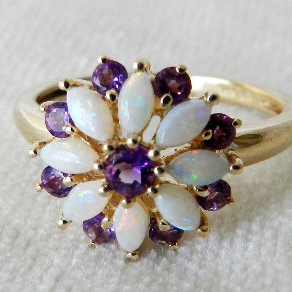 Opal Ring 14K Opal Cluster Ring Opal Amethyst Flower Ring October Birthday Libra Gift