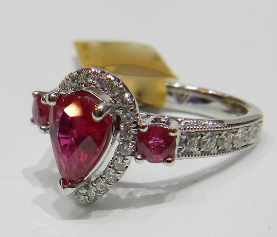 Ruby Ring 18K Engagement Ring Pear Ruby Diamond E… - image 1