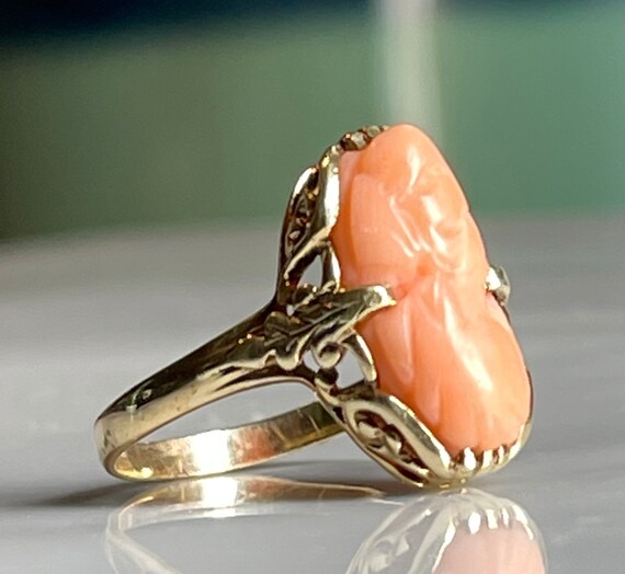 Cameo Ring Coral 10K Art Deco Antique Coral Cameo… - image 5