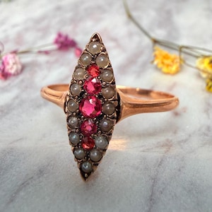 Ruby Ring 1800s Antique Shield Engagement Ring Gold 14K 1800s Ring Seed Pearl July Birthday Dark Academia Aesthetic Gift for Her