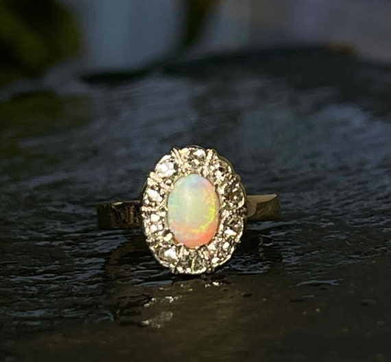 Opal Ring 14K Engagement Mine Cut Diamond Opal Ri… - image 3